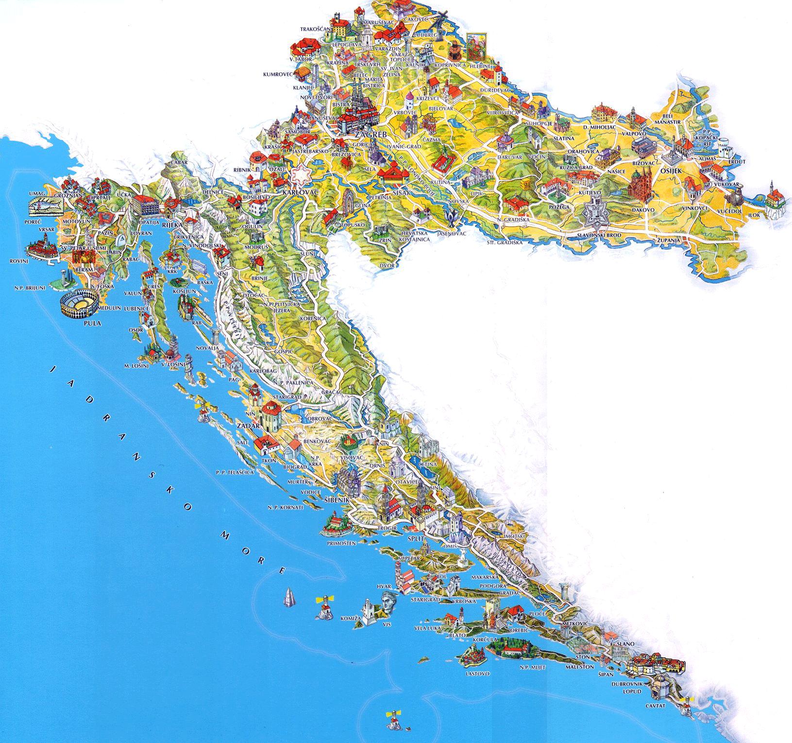 Kroatië Toeristische Kaart - Kroatië Toeristische Attracties Kaart  (Zuid-Europa - Europa)
