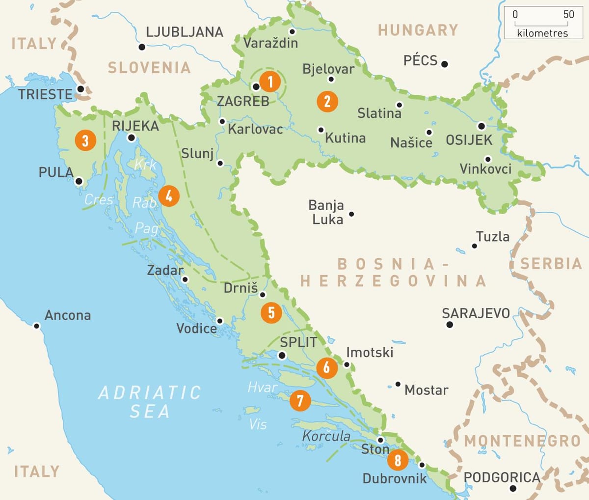 kaart van kroatië en de regio ' s 